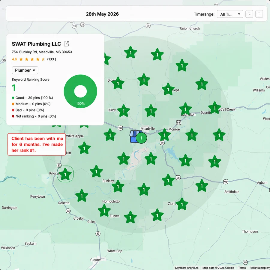 SWAT Plumbing geo-grid scan showing number-one rankings at all 39 measured points around Meadville, Mississippi